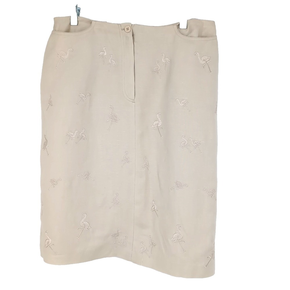 Larry Levine Womens Size 12 Skirt Tan Embroidery Flamingos Button 30X23